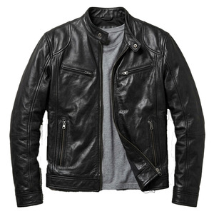 Blouson en cuir pour homme, blouson de moto en cuir véritable, blouson de motard noir en cuir véritable, col montant, fermeture éclair - Product Image 1