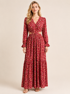 Robe d'été bohème rouge à imprimé floral, col en V, manches longues, taille découpée, ourlet évasé – Vêtement féminin idéal pour l'été – Vente en gros - Product Image 1