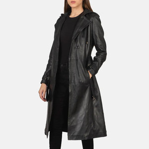 Manteau long en cuir véritable noir pour femme, avec capuche, ceinture, en peau de mouton, coupe ajustée, élégant, parka en cuir - Product Image 1