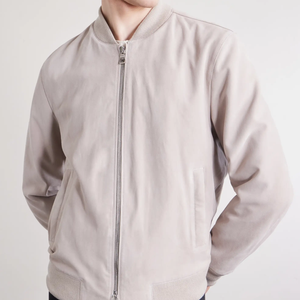 <b>Men's</b> Light Pink <b>Suede</b> Bomber <b>Jacket</b> Crew Neck Zipper Closure Casual Winter Wear Regular Fit Quick Dry Front Genuine Leather - Product Image 4