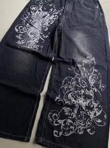 Jean décontracté noir délavé à grandes imprimées style Harajuku pour homme, coupe droite taille haute, jambe large, style Y2K Dark Rock Hip Hop Joker - Product Image 5