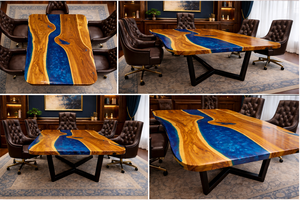Mesa de Oficina de Lujo con Resina Epoxi Azul, Escritorio Ejecutivo de Madera Maciza Hecho a Mano, Mesa de Comedor Moderna de Madera de Acacia - Product Image 5