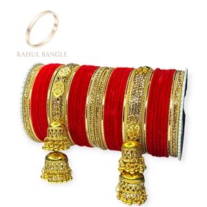 Luxury Punjabi Fashionable Bridal Bangle Set with <b>Red</b> Velvet Bangles Golden Kundan Work and Traditional Kalire Wholesale Price - Product Image 4