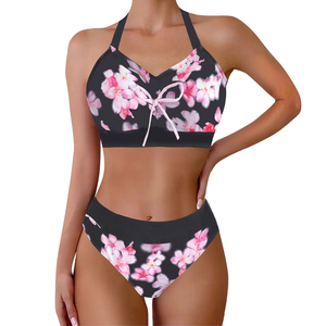 Ensemble de bikini imprimé pour femmes, maillot de bain deux pièces taille haute avec détail cordon de serrage - Product Image 6