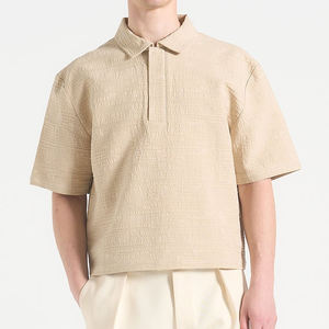 Chemise Oxford en coton beige pour homme, manches courtes, coupe classique, décontractée, avec fermeture éclair, tricotée, respirante - Product Image 2