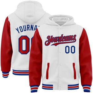 Wholesale Direct OMMIZ INDUSTRY Custom White <b>Red</b>-Royal Bomber Full-Snap Varsity Letterman Two Tone Hoodie <b>Jacket</b> - Product Image 1