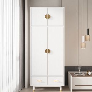 Armadio in Legno Triamine Bianco e Rame Dorato con 4 Ante, 2 Cassetti e Asta Appendiabiti in Pannello a Densità Elevata - Product Image 1