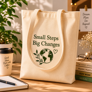 Petits pas, grandes changements : Sac fourre-tout en coton beige brodé de feuilles et de cœurs, écologique, pour le quotidien - Product Image 1