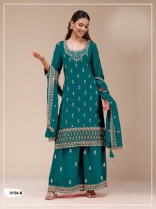Ensemble Salwar en coton brodé vert sarcelle pour femme avec dupatta, tenue décontractée traditionnelle indienne et pakistanaise, coupe ample, longueur cheville - Product Image 1