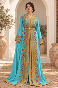 Caftán Marroquí Turquesa Mishkat Couture con Bordado Dorado, Mangas Largas y Cinturón Dorado, Vestido Largo de Terciopelo Color Ciruela para Fiesta - Product Image 2