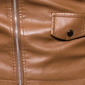 <b>Brown</b> PU <b>Leather</b> Moto <b>Jacket</b> Asymmetrical Zipper Collar Full Sleeve Windproof Casual Outerwear Autumn Style - Product Image 2