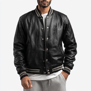 <b>Men's</b> <b>White</b> PU Windproof Varsity <b>Jacket</b> Regular Fit Stand Collar Single Button Closure Front Logo Autumn Casual Wear - Product Image 5