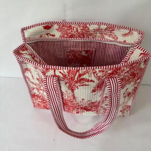 Red Toile Print Quilted Cotton Tote <b>Bag</b> Women Handmade <b>Boho</b> Shoulder Handbag Large Capacity Travel Shopping <b>Bag</b> - Product Image 2