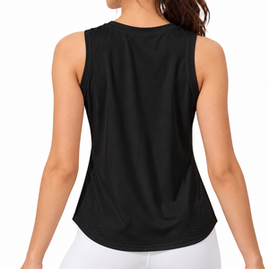 <b>Women</b> <b>Black</b> Sleeveless Crew Neck <b>Crop</b> Tank <b>Top</b> Regular Fit Breathable Hollow Out Yoga <b>Top</b> Front Logo - Product Image 3