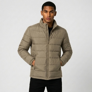 Men'<b>s</b> Olive Green Puffer <b>Jacket</b> Stand Collar Zipper Closure Windproof Casual Winter Wear Regular Fit Polyester Wadding - Product Image 1