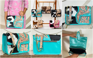 Custom Handmade Hair On Genuine Cowhide Leather Crossbody Bag Western Floral Design Tooled Luxury Women's Messenger Handbag - Product Image 3