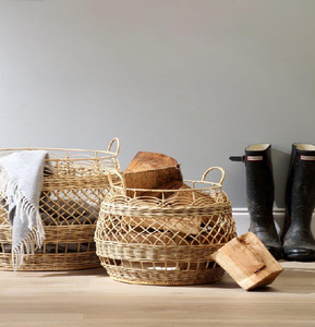 Large <b>rectangular</b> woven rattan living room coffee table <b>basket</b> with tall side handles. - Product Image 3