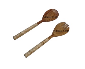 Custom Vintage Wooden Salad <b>Server</b> Set with Wicker Handle Latest Design Manual Fruit Serving Tool for Kitchenware Use - Product Image 1