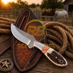 Cuchillo de caza y desollado de acero de Damasco hecho a mano con mango de cuerno de ciervo, hoja fija de espiga completa, para camping al aire libre, DIY OEM - Product Image 3
