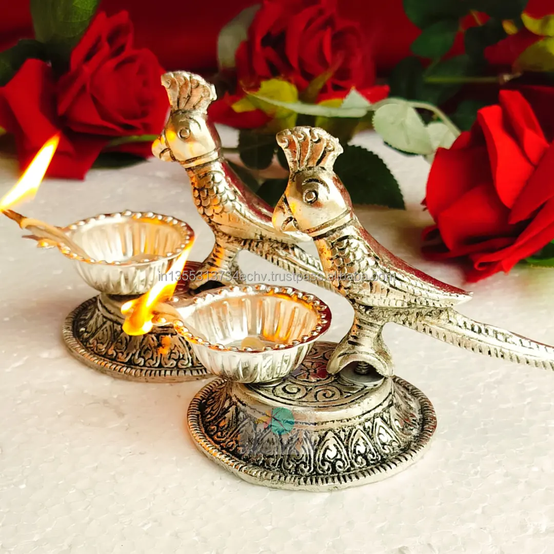 German Silver Antique Parrot Diya Kapoor Aarthi Stand Return Gift Indian Decorative Diyas Housewarming Gift, Diwali Gift