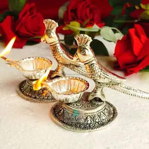 German Silver Antique Parrot Diya Kapoor Aarthi Stand Return Gift Indian Decorative Diyas Housewarming Gift, Diwali Gift