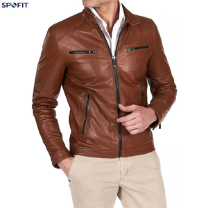 Veste en cuir marron pour homme, style classique Cafe Racer, veste de motard en cuir véritable avec poches zippées, coupe-vent en cuir - Product Image 5