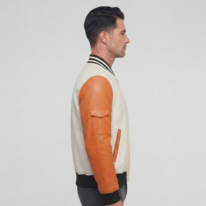 Blouson Bomber en Cuir Entièrement Zippé pour Homme avec Poches Latérales, Blouson Bomber en Cuir à Col Rond pour Homme - Product Image 3