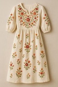 Belle robe midi couleur crème, col en V et manches bouffantes élégantes, tissu respirant de haute qualité, robe midi décontractée - Product Image 2
