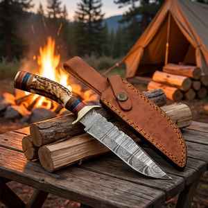 Cuchillos de Caza Premium Hechos a Mano al por Mayor, Hoja Fija de Acero de Damasco, Mango de Cuerno, para Supervivencia al Aire Libre y Camping con Funda - Product Image 6