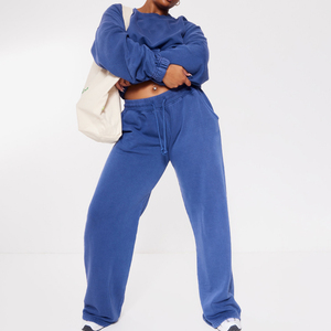 Ensemble de survêtement bleu grande taille pour femme, manches longues, coupe ample, taille à cordon, tenue décontractée avec poches latérales, couleur unie, automne - Product Image 1