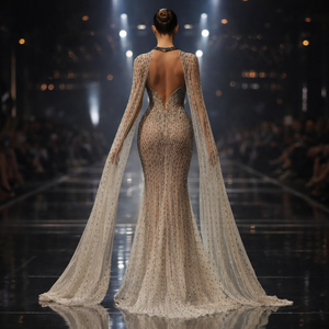 Robe de soirée de luxe en mauve, ornée de perles à la main, pour femmes |   Robe de soirée et de mariage élégante, longue, sans manches, avec broderie et cape - Product Image 5