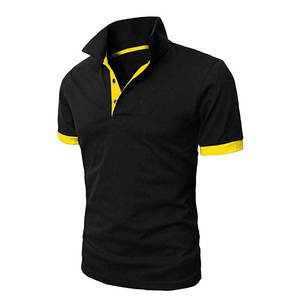 Chemise décontractée pour homme en maille à manches courtes, noire et jaune, avec blocs de couleur, imprimé, boutonnée, coupe droite, anti-plis - Product Image 5