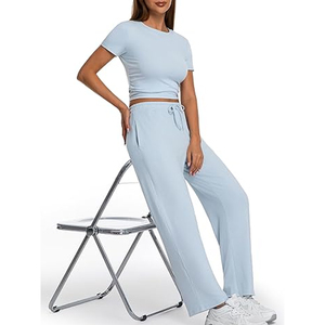 Ensemble de vêtements pour femmes en modal doux, à lacets, uni, long, avec haut à manches courtes et pantalon assorti - Product Image 6