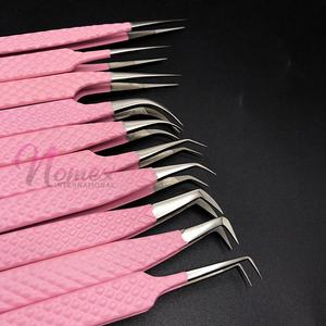 Pince à épiler pour extensions de cils en acier inoxydable avec revêtement en poudre rose clair, pointe en fibre, antibactérienne, légère, vente chaude - Product Image 2
