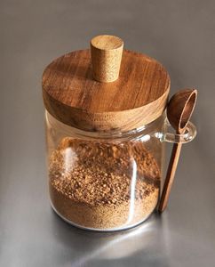 Récipient de rangement en verre bohème avec couvercle en bois, hermétique et compatible micro-ondes, pour organiser la cuisine : farine, sucre, café, thé, riz, pâtes, collations - Product Image 6