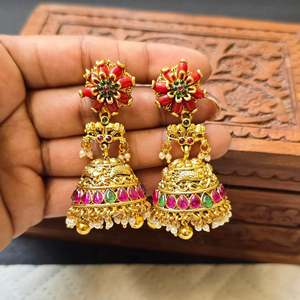 Coral Kemp Jhumka Chandelier Earrings-24K Gold Plated Zinc Alloy with Pearl and Ruby Ethnic Bohemian Style for Party - Product Image 3