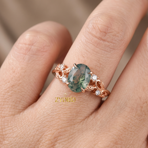 Anillo de Ágata Musgosa Natural, Anillo Floral Vintage de Lujo en Oro de 18K, Anillo de Compromiso Ovalado con Ágata Musgosa Verde - Product Image 4