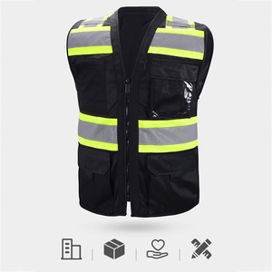 Chaleco de Seguridad de Alta Visibilidad, Negro, Poliéster, Franjas Reflectantes, Cierre Frontal, Múltiples Bolsillos, Unisex, Ropa de Trabajo - Product Image 2