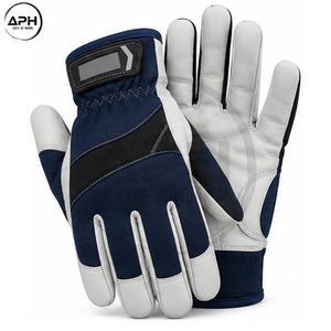 Gants d'assemblage en cuir avec paume personnalisée, marque privée OEM/ODM, poignets élastiques, coutures sur mesure, prix de gros, bleu marine et blanc - Product Image 2
