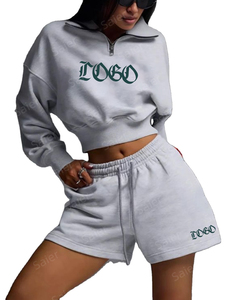 Women's 2 Piece Fleece <b>Shorts</b> <b>Set</b> Embroidered Logo Crop <b>Top</b> <b>And</b> Above Knee <b>Shorts</b> Casual Spring Summer Wear - Product Image 3