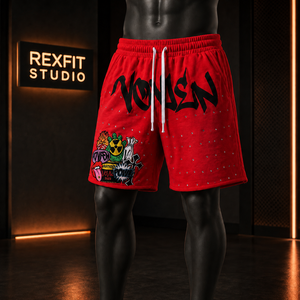 Shorts pour hommes personnalisés à imprimé flamme, en coton épais, effet vintage, streetwear, graphiques, décontractés, avec cordon de serrage, amples, pour la gym, vente en gros - Product Image 3