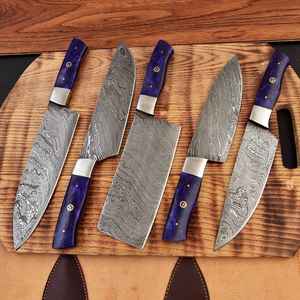 Handmade Damascus Chef <b>Knife</b> <b>Set</b>: Purple Resin Handle Forged Kitchen <b>Knives</b> - Product Image 6