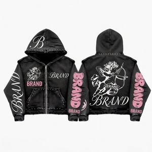 Custom <b>Men</b> Black Distressed Zip Oversized 100% Cotton Hoodie Y2K Streetwear Punk Rhinestone <b>Studded</b> Frayed Hem Cherub Graphic - Product Image 1