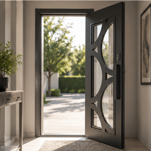 Puerta de Entrada Moderna de Acero Geométrico con Vidrio Esmerilado, Puerta Frontal Individual Contemporánea, Diseño de Entrada de Seguridad para Hogar de Lujo - Product Image 3