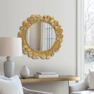 Miroir mural circulaire plaqué or avec motif de feuillage, décoration moderne pour salon et chambre à coucher - Product Image 3