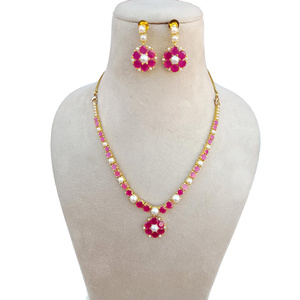 Gold Plated <b>Ruby</b> Pearl Floral <b>Necklace</b> Engagement Bezel Setting Vintage Lightweight Bridal Jewelry Traditional Indian Wedding - Product Image 3