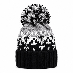 Bonnet d'hiver tricoté chaud unisexe 100 % coton, motif Fair Isle noir et blanc, avec pompon, géométrique, vente en gros - Product Image 1