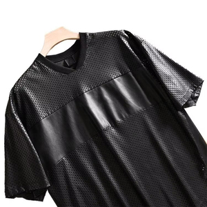 Men's Black Short Sleeve V-Neck Casual <b>Shirt</b> Solid Color Satin Fabric leather wear Quick Dry Knitted Style - Product Image 5