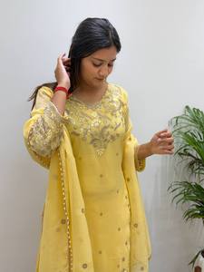 Yellow Cotton Embroidered <b>Kurta</b> Set With Dupatta Traditional Indian Pakistani <b>Women's</b> Casual Wear Floor-Length Loose Fit - Product Image 3