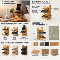 Organisateur de chevet vertical compact en bambou, moderne, luxueux et écologique, support réglable pour téléphone et lunettes, idéal pour les petits espaces